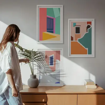Set schilderijen met wanddecoratie kleurrijke illustraties van gebouwen