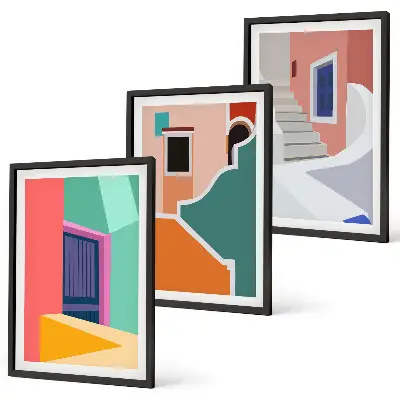 Set schilderijen met wanddecoratie kleurrijke illustraties van gebouwen