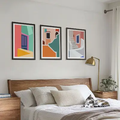 Set schilderijen met wanddecoratie kleurrijke illustraties van gebouwen