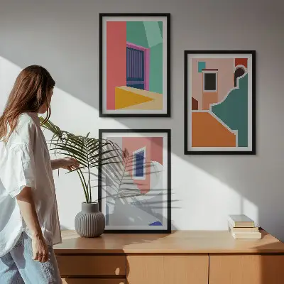 Set schilderijen met wanddecoratie kleurrijke illustraties van gebouwen