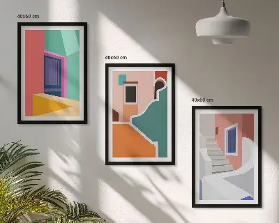 Set schilderijen met wanddecoratie kleurrijke illustraties van gebouwen