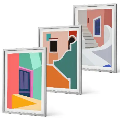 Set schilderijen met wanddecoratie kleurrijke illustraties van gebouwen