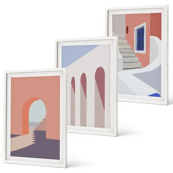 Wanddecoratieset met minimalistische architectuurillustraties set van schilderijen