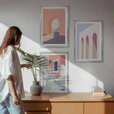 Wanddecoratieset met minimalistische architectuurillustraties set van schilderijen