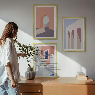 Wanddecoratieset met minimalistische architectuurillustraties set van schilderijen