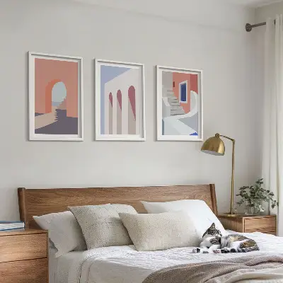 Wanddecoratieset met minimalistische architectuurillustraties set van schilderijen