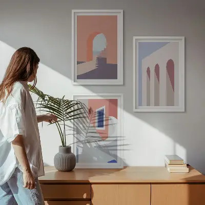 Wanddecoratieset met minimalistische architectuurillustraties set van schilderijen