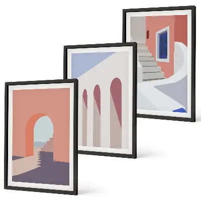 Wanddecoratieset met minimalistische architectuurillustraties set van schilderijen