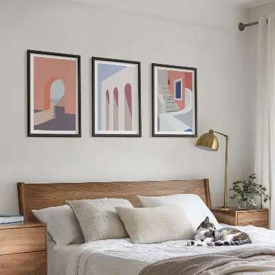 Wanddecoratieset met minimalistische architectuurillustraties set van schilderijen