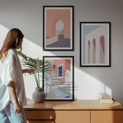 Wanddecoratieset met minimalistische architectuurillustraties set van schilderijen