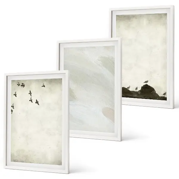 Wanddecoratieset met schilderijen vogels tussen rotsen met penseelstreken