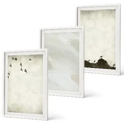 Wanddecoratieset met schilderijen vogels tussen rotsen met penseelstreken