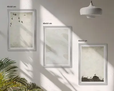 Wanddecoratieset met schilderijen vogels tussen rotsen met penseelstreken