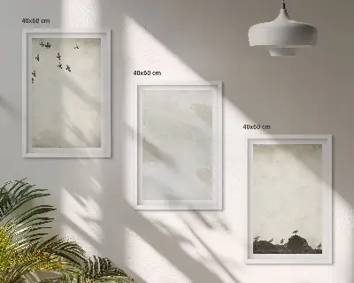 Wanddecoratieset met schilderijen vogels tussen rotsen met penseelstreken