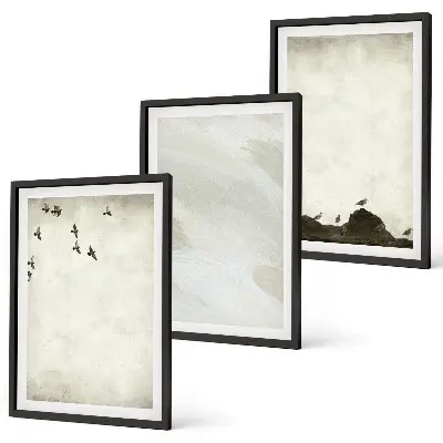 Wanddecoratieset met schilderijen vogels tussen rotsen met penseelstreken