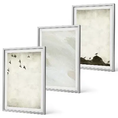 Wanddecoratieset met schilderijen vogels tussen rotsen met penseelstreken