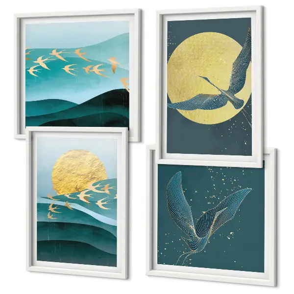 Set posters met lijst landschappen met vogels stijlvolle uitvoering