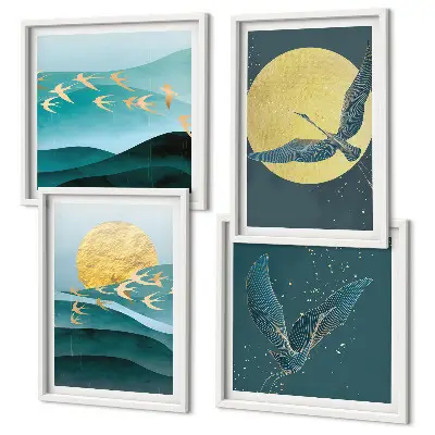 Set posters met lijst landschappen met vogels stijlvolle uitvoering