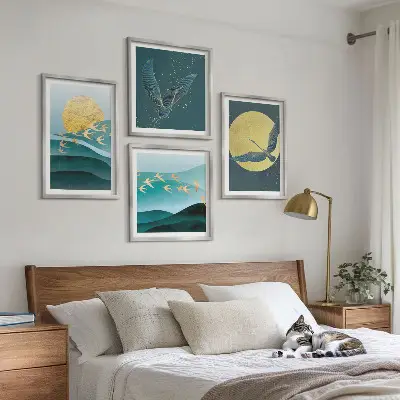 Set posters met lijst landschappen met vogels stijlvolle uitvoering