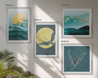 Set posters met lijst landschappen met vogels stijlvolle uitvoering