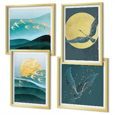 Set posters met lijst landschappen met vogels stijlvolle uitvoering