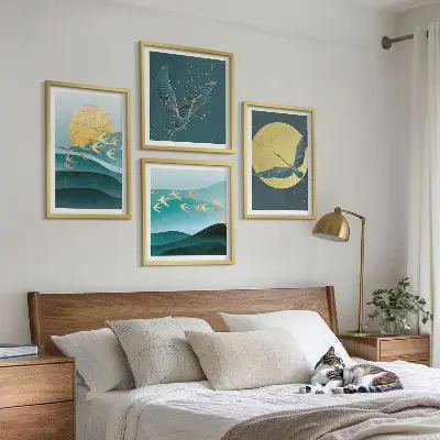 Set posters met lijst landschappen met vogels stijlvolle uitvoering