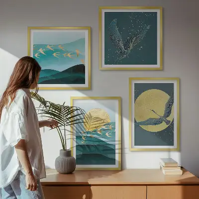Set posters met lijst landschappen met vogels stijlvolle uitvoering
