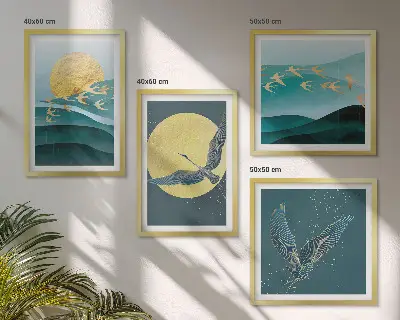 Set posters met lijst landschappen met vogels stijlvolle uitvoering