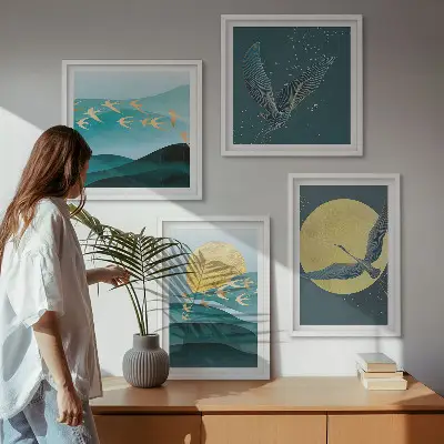 Set posters met lijst landschappen met vogels stijlvolle uitvoering