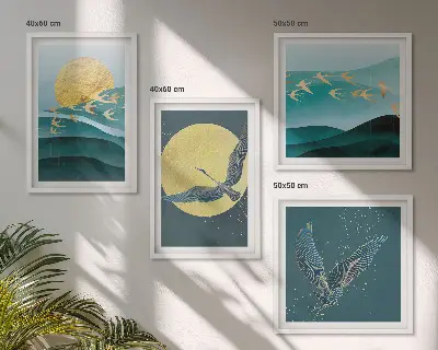 Set posters met lijst landschappen met vogels stijlvolle uitvoering