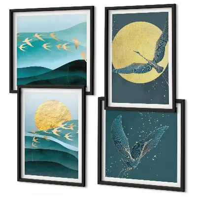 Set posters met lijst landschappen met vogels stijlvolle uitvoering