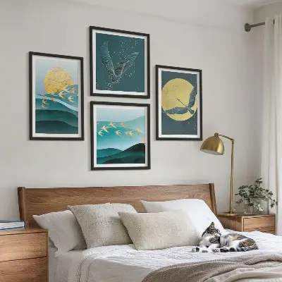 Set posters met lijst landschappen met vogels stijlvolle uitvoering