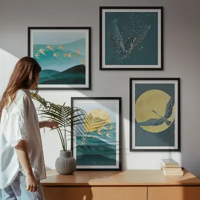 Set posters met lijst landschappen met vogels stijlvolle uitvoering