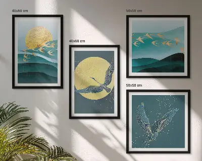 Set posters met lijst landschappen met vogels stijlvolle uitvoering