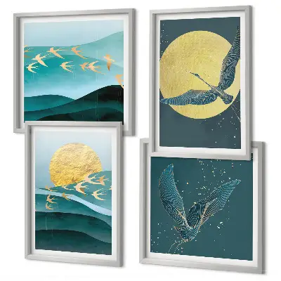 Set posters met lijst landschappen met vogels stijlvolle uitvoering