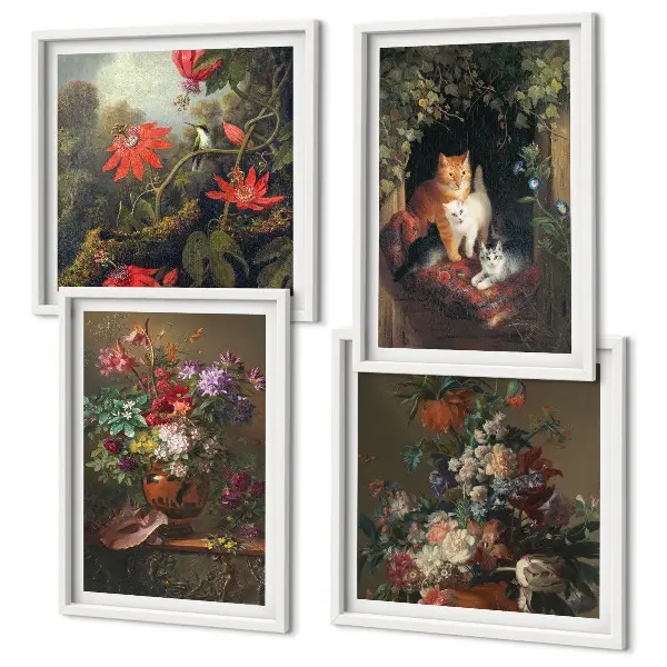 Set van posters met lijst met vintage afbeeldingen van bloemen, katten en planten