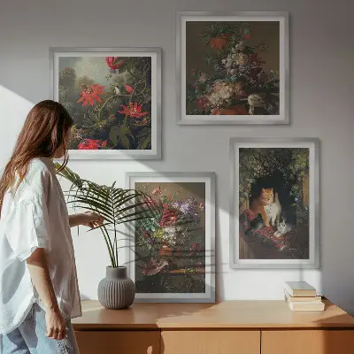 Set van posters met lijst met vintage afbeeldingen van bloemen, katten en planten