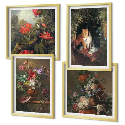 Set van posters met lijst met vintage afbeeldingen van bloemen, katten en planten