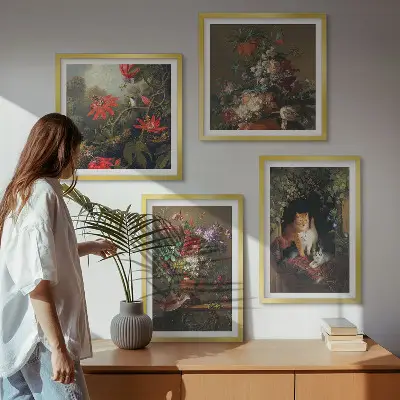 Set van posters met lijst met vintage afbeeldingen van bloemen, katten en planten