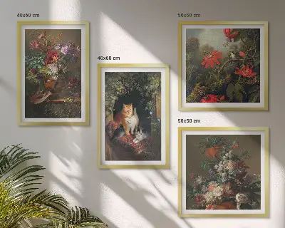 Set van posters met lijst met vintage afbeeldingen van bloemen, katten en planten