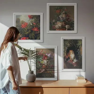 Set van posters met lijst met vintage afbeeldingen van bloemen, katten en planten