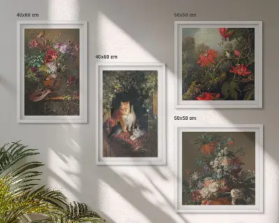 Set van posters met lijst met vintage afbeeldingen van bloemen, katten en planten