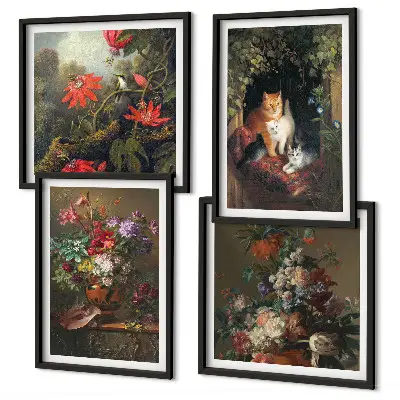 Set van posters met lijst met vintage afbeeldingen van bloemen, katten en planten