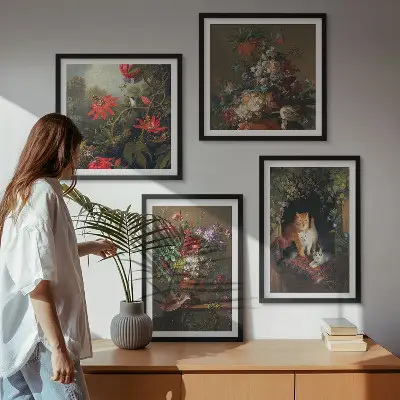 Set van posters met lijst met vintage afbeeldingen van bloemen, katten en planten