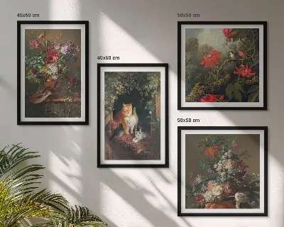 Set van posters met lijst met vintage afbeeldingen van bloemen, katten en planten
