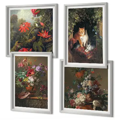 Set van posters met lijst met vintage afbeeldingen van bloemen, katten en planten