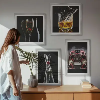 Posterset met lijsten vrouwenbenen met roze auto en wijn