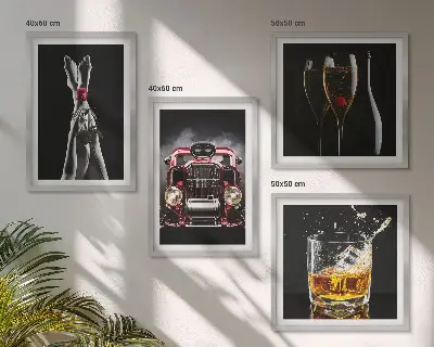 Posterset met lijsten vrouwenbenen met roze auto en wijn