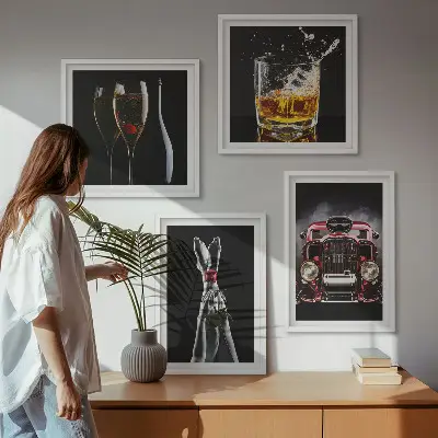Posterset met lijsten vrouwenbenen met roze auto en wijn