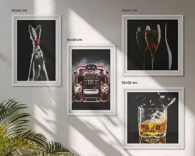 Posterset met lijsten vrouwenbenen met roze auto en wijn